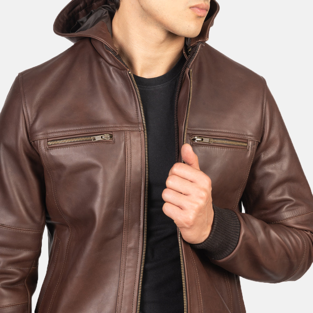 Biz Brown Hooded Leather Bomber Jacket - Fierce Fusion