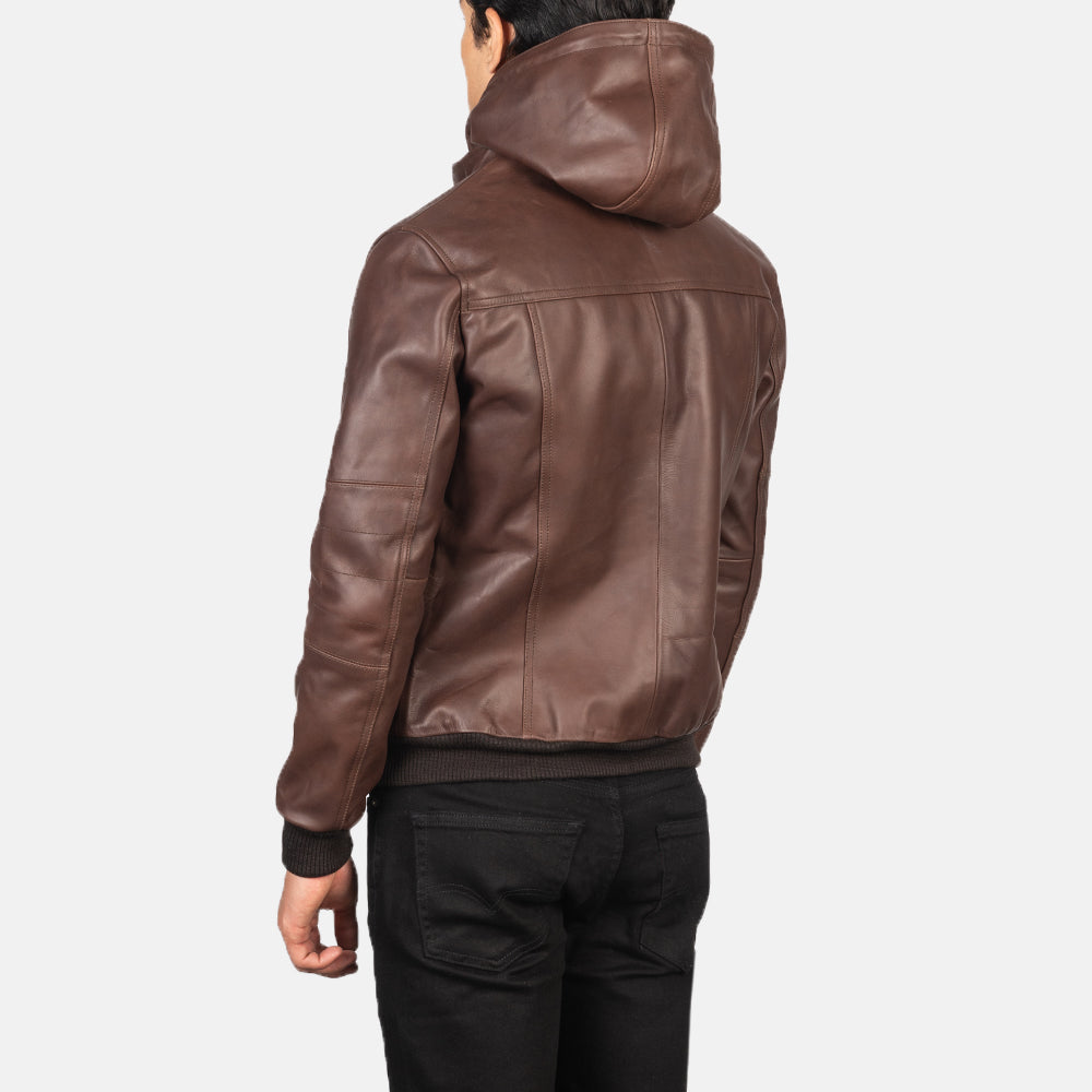 Biz Brown Hooded Leather Bomber Jacket - Fierce Fusion