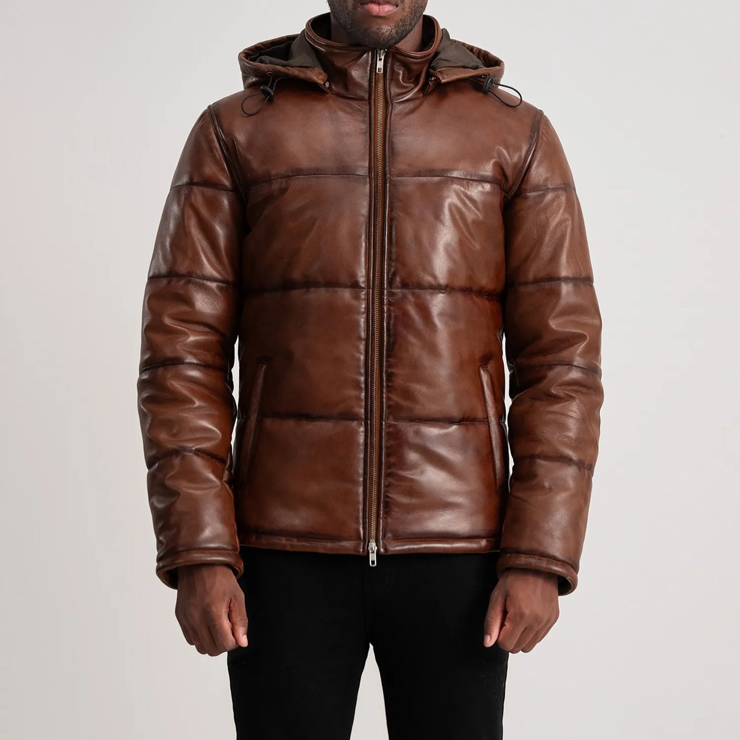 Gordon Waxed Brown Hooded Leather Puffer Jacket - Fierce Fusion