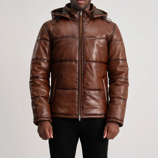 Gordon Waxed Brown Hooded Leather Puffer Jacket - Fierce Fusion