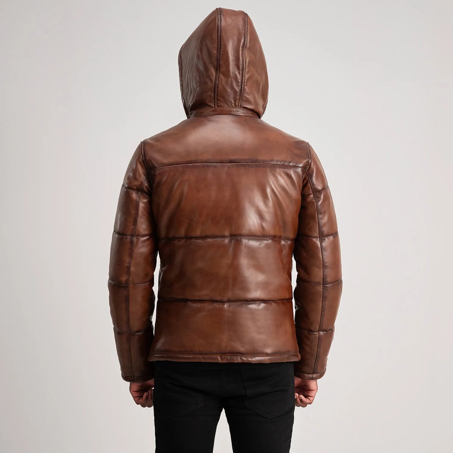 Gordon Waxed Brown Hooded Leather Puffer Jacket - Fierce Fusion