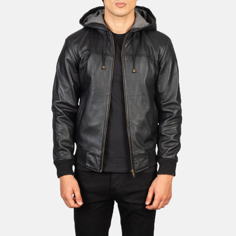 Nintenzo Black Hooded Leather Bomber Jacket - Fierce Fusion