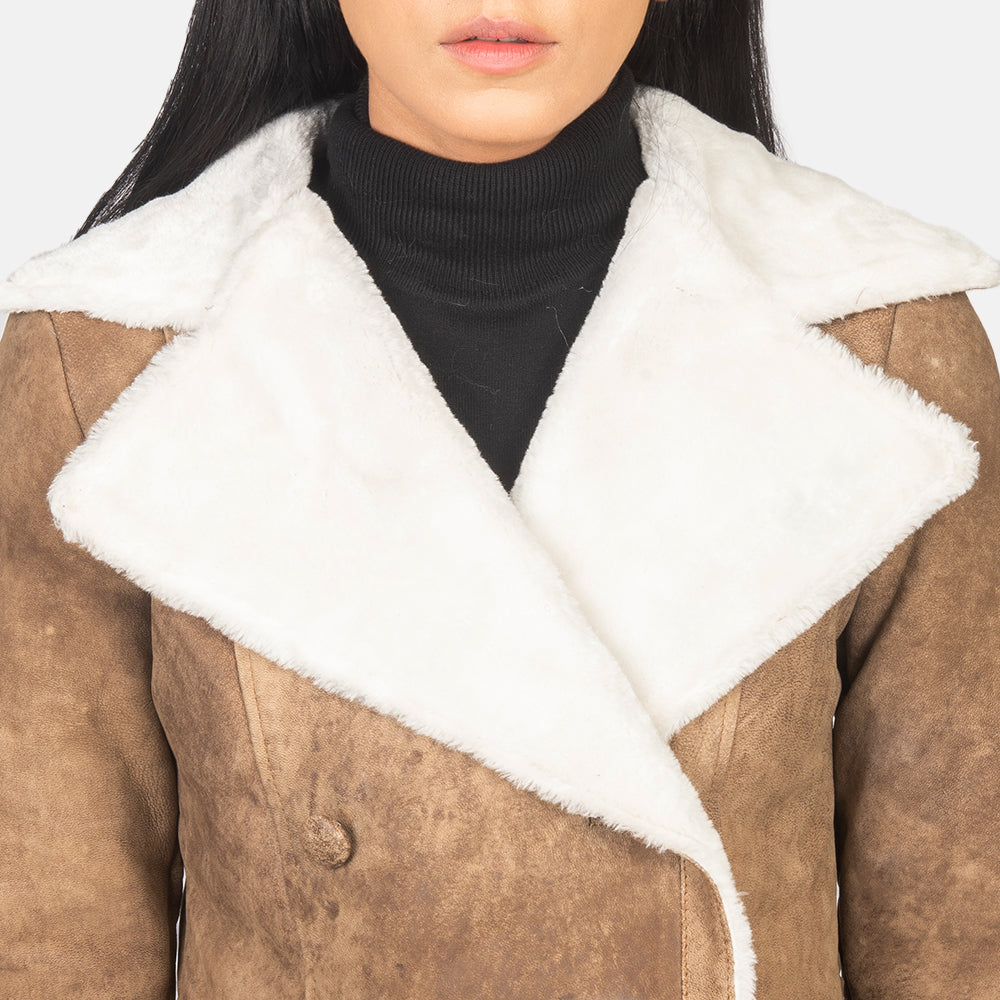 Amie Distressed Brown Double Breasted Shearling Coat - Fierce Fusion