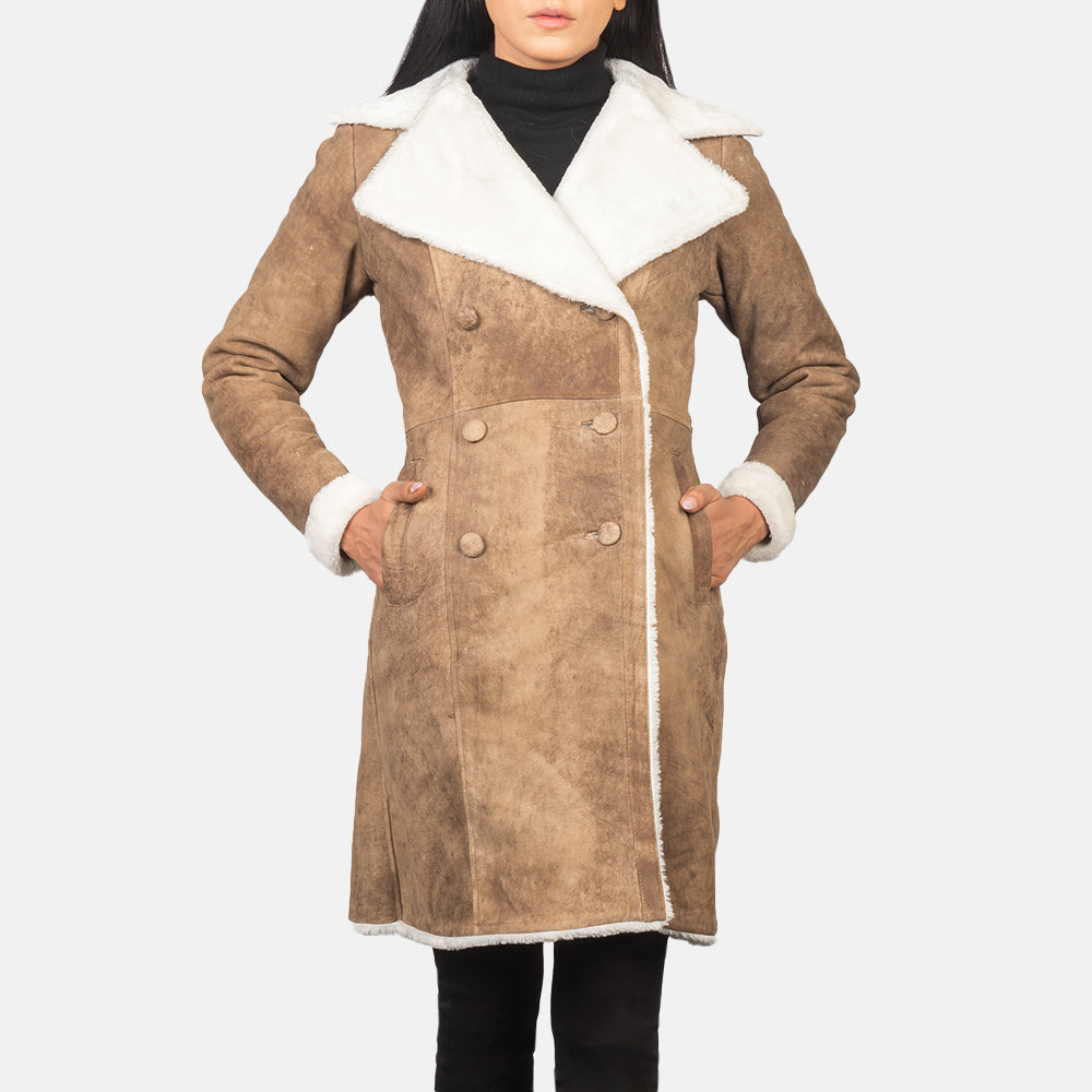 Amie Distressed Brown Double Breasted Shearling Coat - Fierce Fusion
