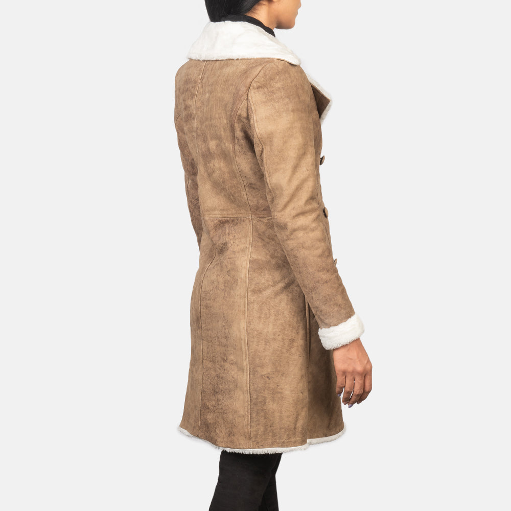 Amie Distressed Brown Double Breasted Shearling Coat - Fierce Fusion