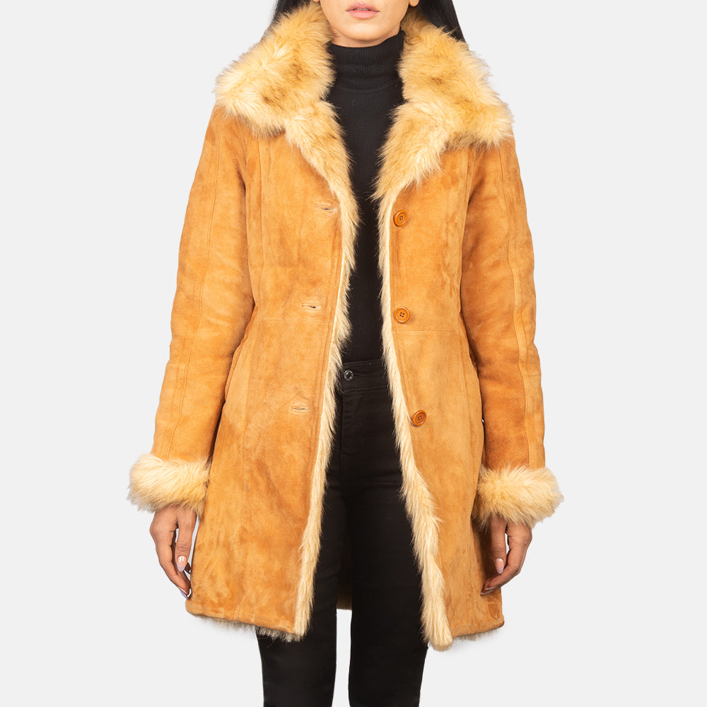 Erica Shearling Beige Leather Coat - Fierce Fusion