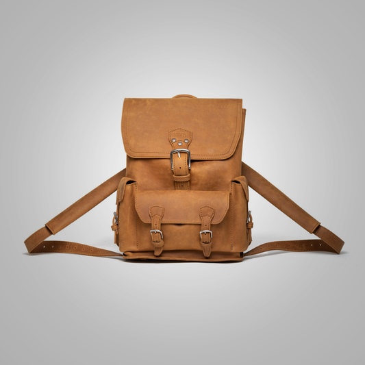 Brown Front Pocket Leather Backpack - Fierce Fusion