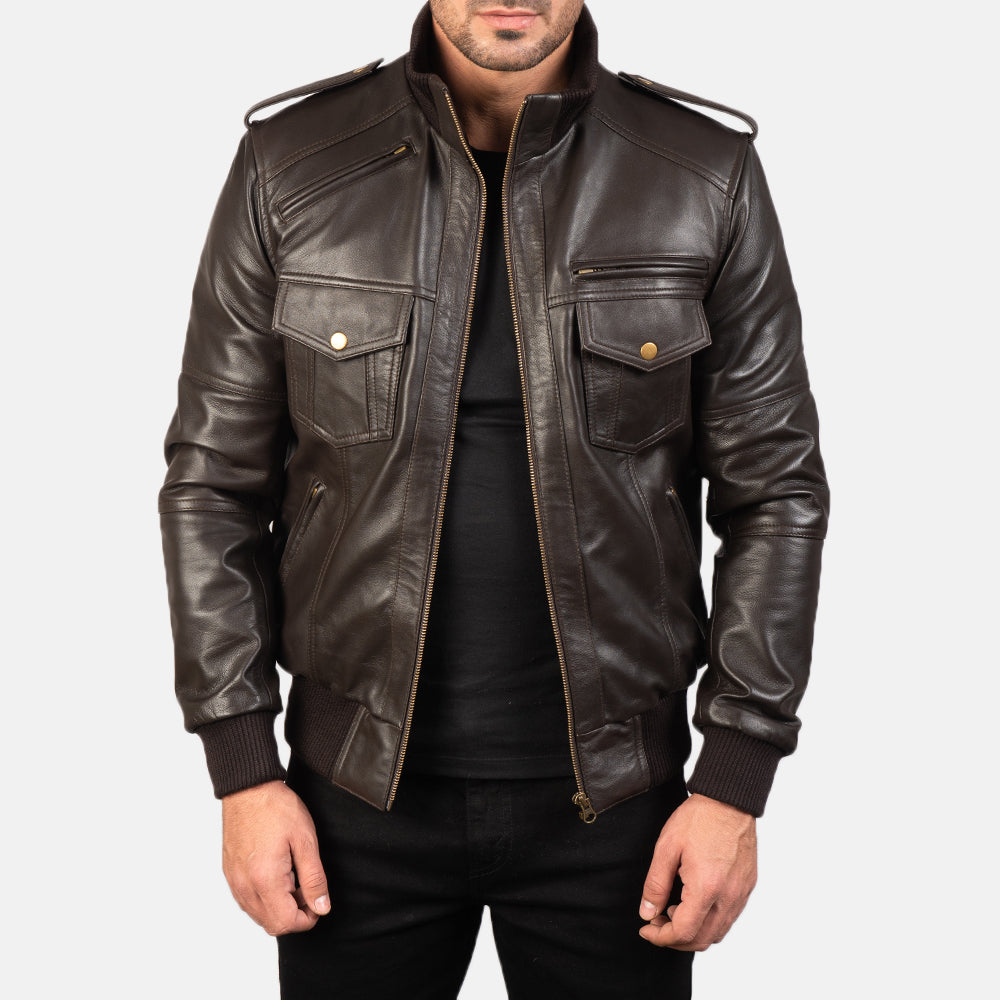 Agent Shadow Brown Leather Bomber Jacket - Fierce Fusion