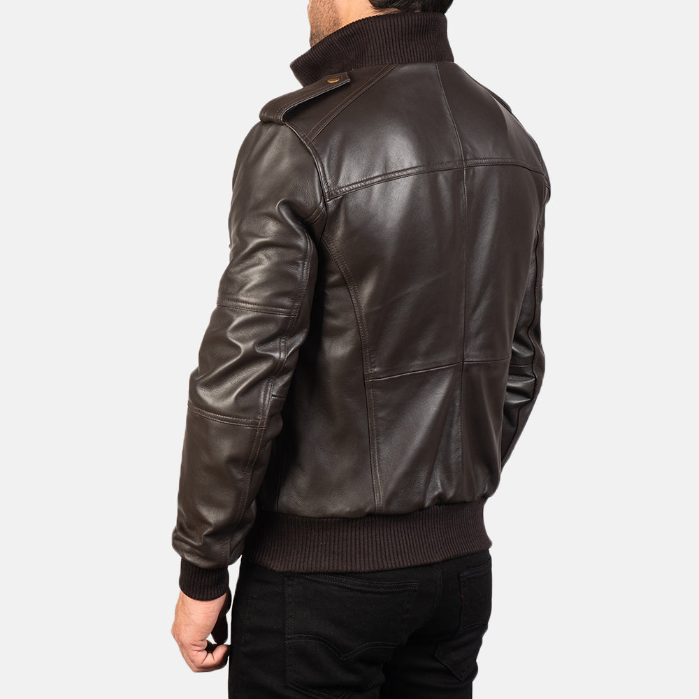 Agent Shadow Brown Leather Bomber Jacket - Fierce Fusion