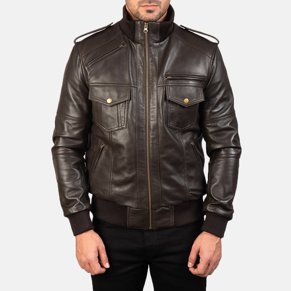 Agent Shadow Brown Leather Bomber Jacket - Fierce Fusion