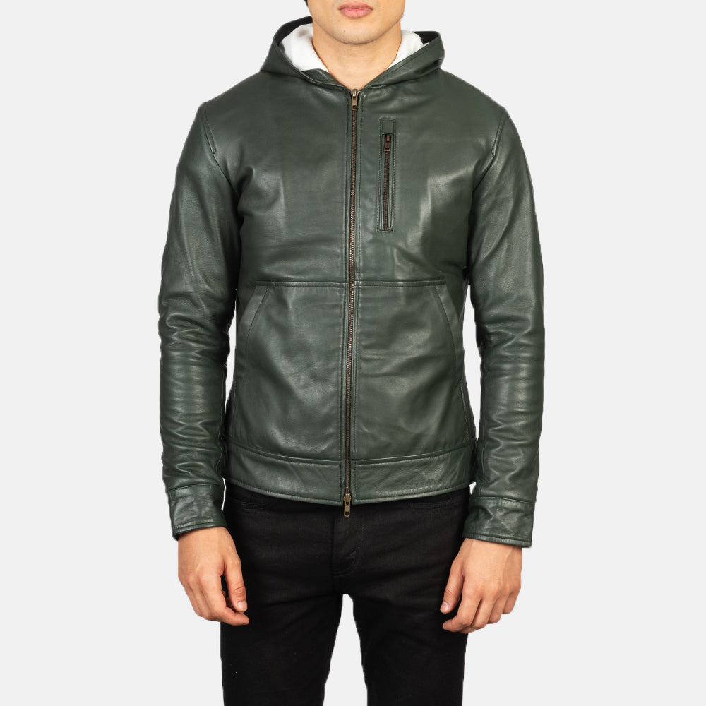 Baston Green Hooded Leather Bomber Jacket - Fierce Fusion