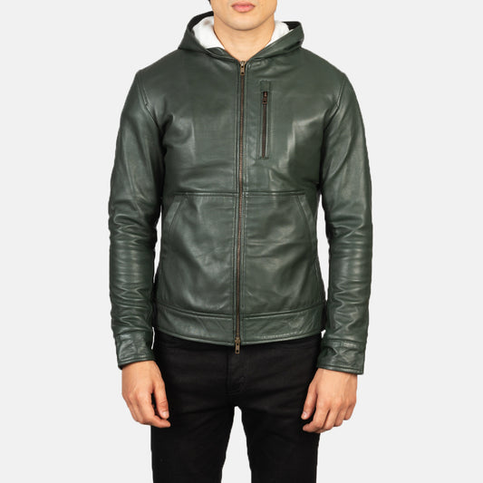 Baston Green Hooded Leather Bomber Jacket - Fierce Fusion