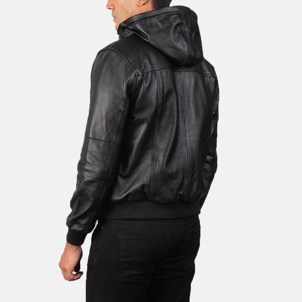 Bouncer Biz Black Hooded Leather Bomber Jacket - Fierce Fusion