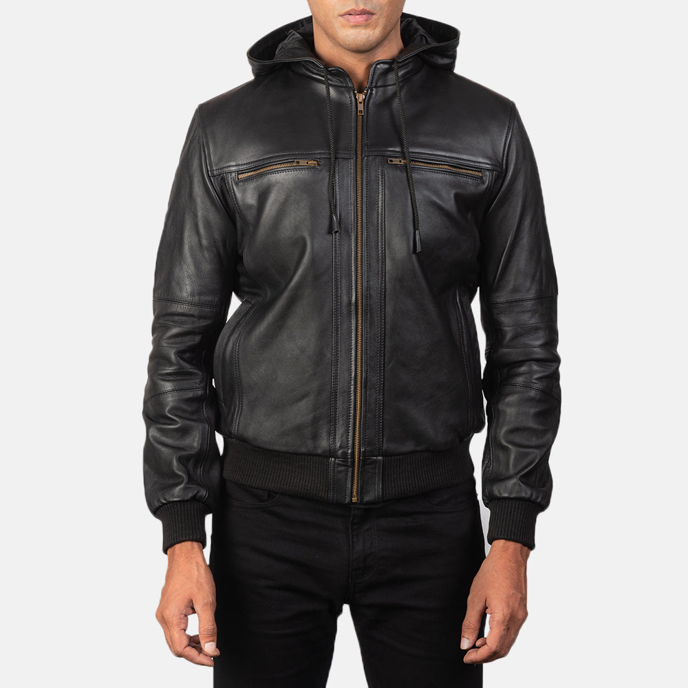 Bouncer Biz Black Hooded Leather Bomber Jacket - Fierce Fusion