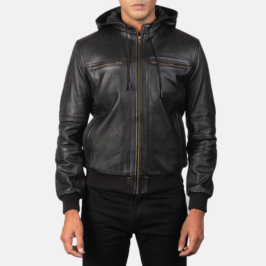 Bouncer Biz Black Hooded Leather Bomber Jacket - Fierce Fusion