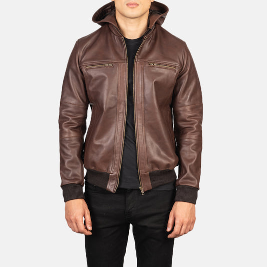 Biz Brown Hooded Leather Bomber Jacket - Fierce Fusion