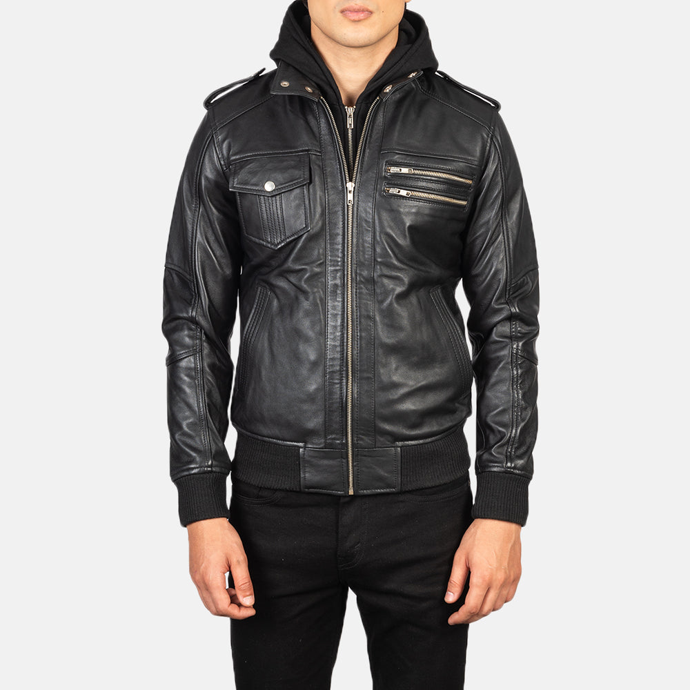 Bravado Black Hooded Leather Bomber Jacket - Fierce Fusion
