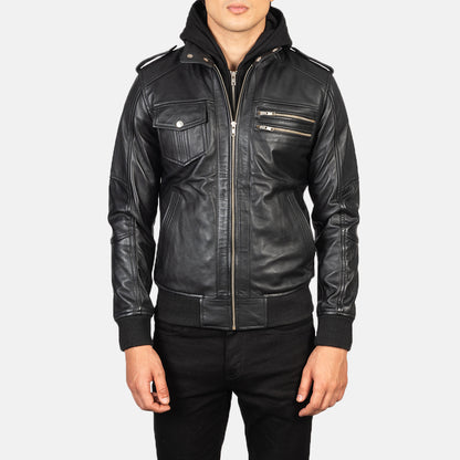 Bravado Black Hooded Leather Bomber Jacket - Fierce Fusion