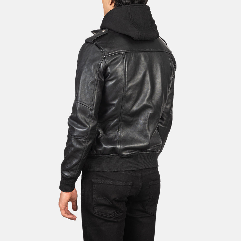 Bravado Black Hooded Leather Bomber Jacket - Fierce Fusion
