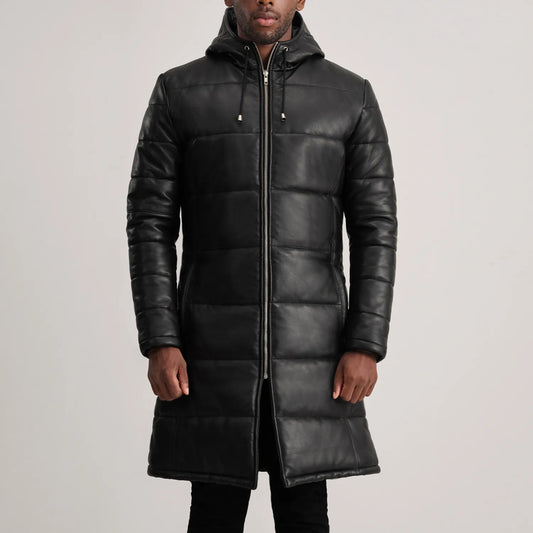Floyd Black Hooded Leather Puffer Coat - Fierce Fusion