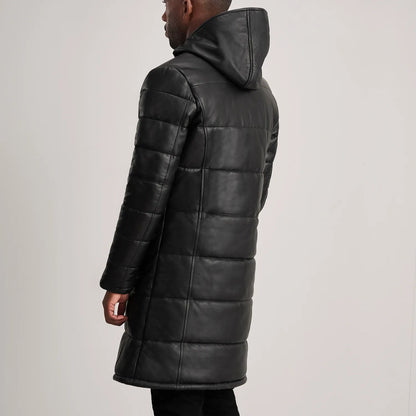 Floyd Black Hooded Leather Puffer Coat - Fierce Fusion