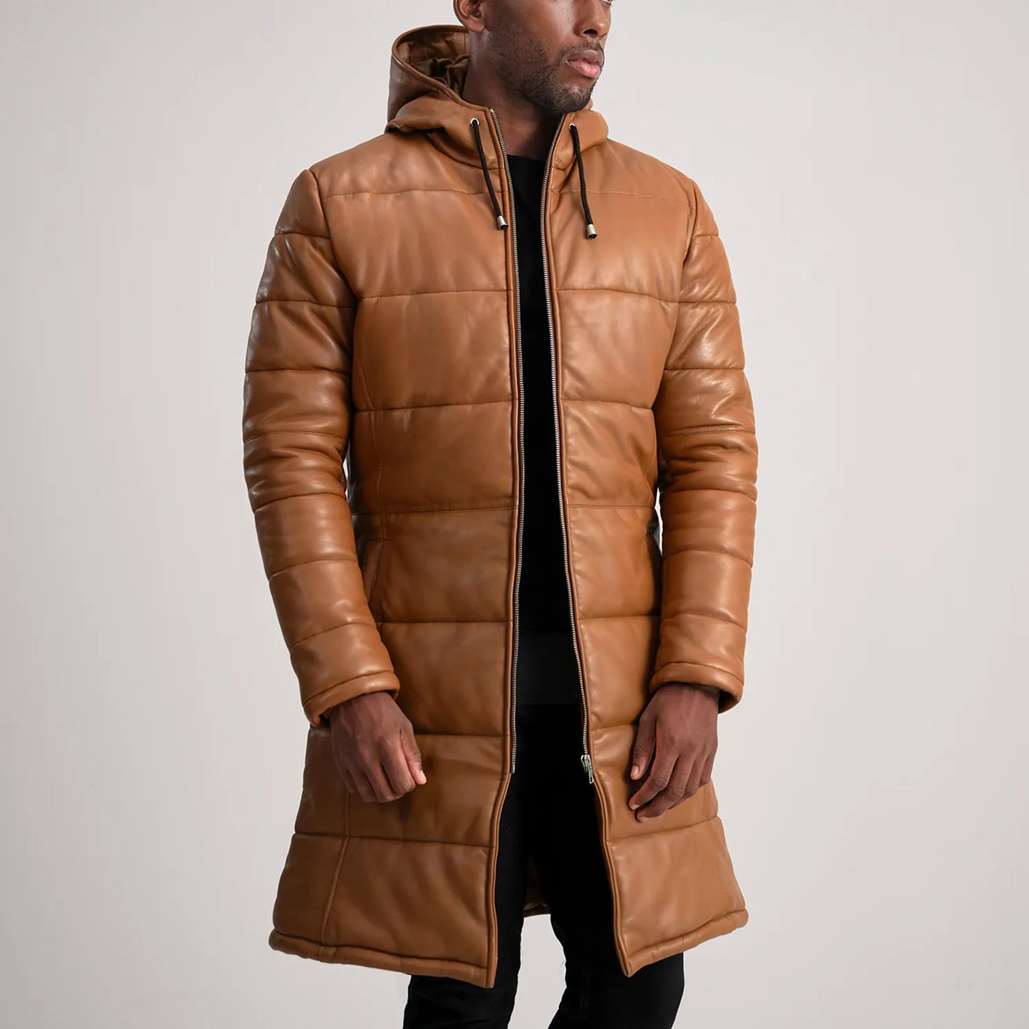 Floyd Tan Hooded Leather Puffer Coat - Fierce Fusion