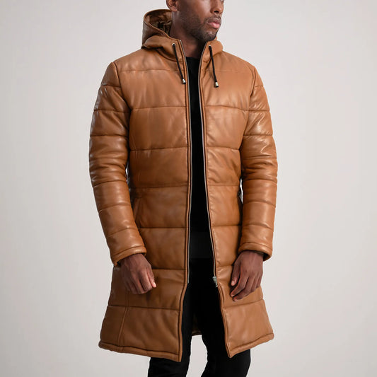 Floyd Tan Hooded Leather Puffer Coat - Fierce Fusion