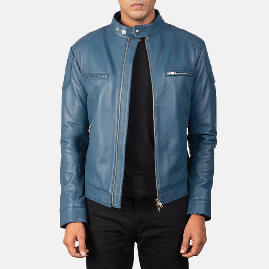 Gatsby Blue Leather Biker Jacket - Fierce Fusion