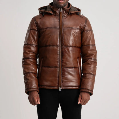 Gordon Waxed Brown Hooded Leather Puffer Jacket - Fierce Fusion