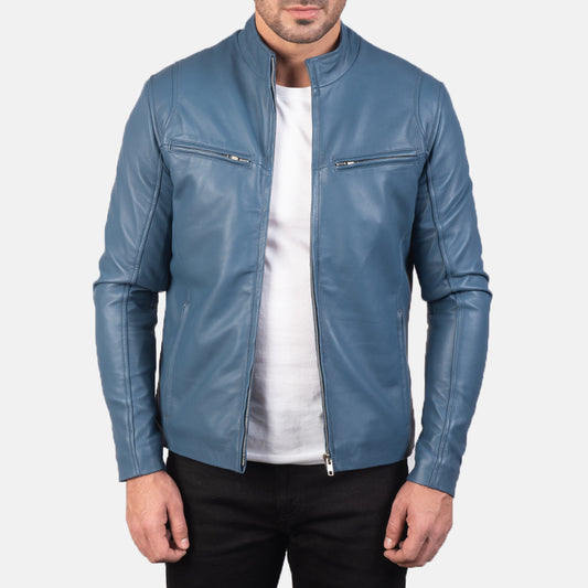 Blue Biker Leather Jacket - Fierce Fusion