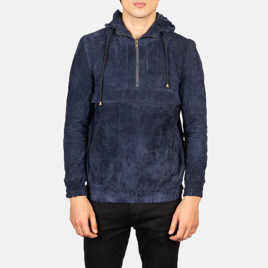 Kenton Hooded Blue Suede Pullover Jacket - Fierce Fusion