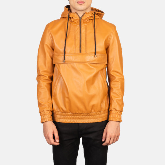 Kenton Hooded Brown Leather Pullover Jacket - Fierce Fusion