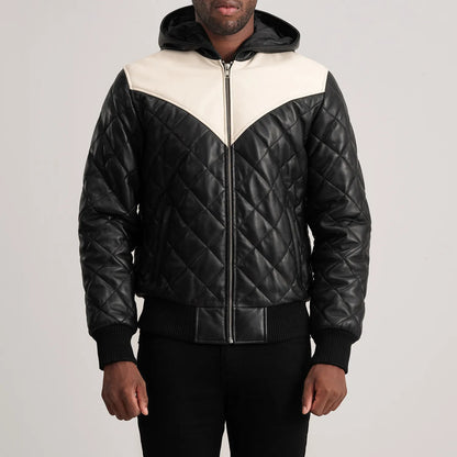 Norman Black Hooded Bomber Leather Puffer Jacket - Fierce Fusion