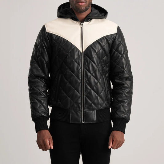 Norman Black Hooded Bomber Leather Puffer Jacket - Fierce Fusion