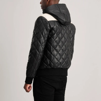 Norman Black Hooded Bomber Leather Puffer Jacket - Fierce Fusion