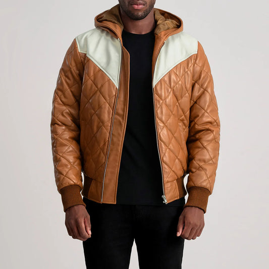 Norman Tan Hooded Bomber Leather Puffer Jacket - Fierce Fusion