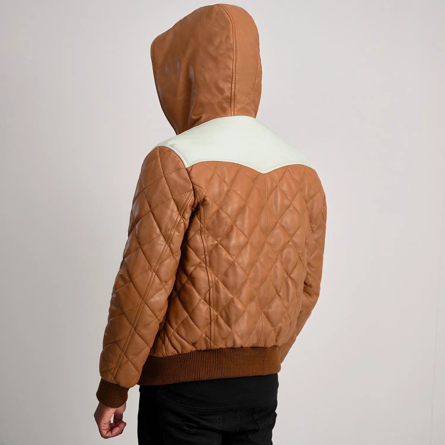 Norman Tan Hooded Bomber Leather Puffer Jacket - Fierce Fusion
