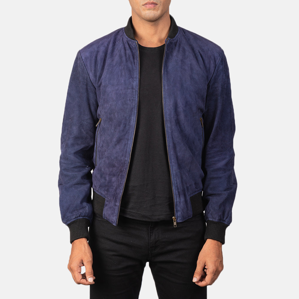Shane Blue Suede Bomber Jacket - Fierce Fusion