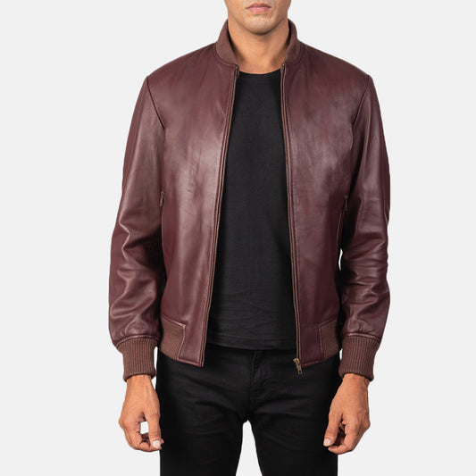 Shane Maroon Leather Bomber Jacket - Fierce Fusion
