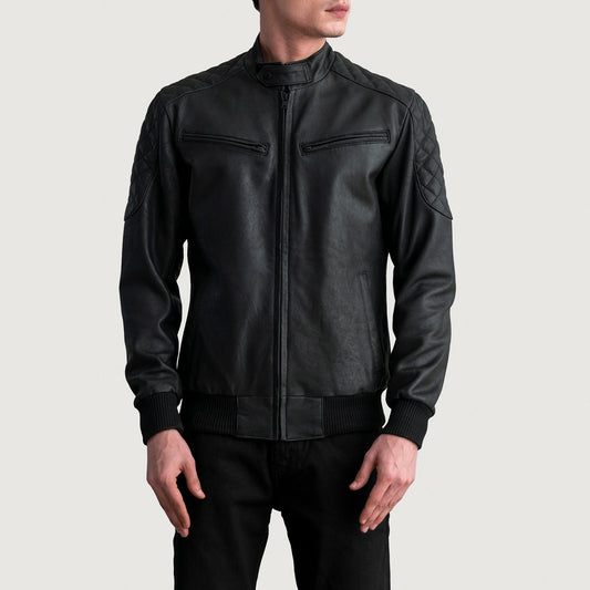 Sven Tumbled Black Leather Bomber Jacket - Fierce Fusion