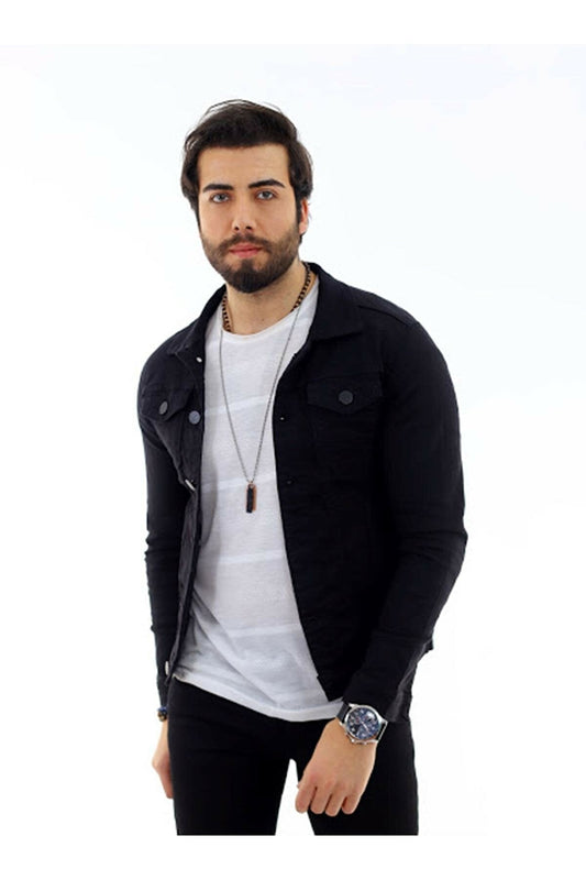 Black Slim Fit Denim Jacket with Lycra - Fierce Fusion