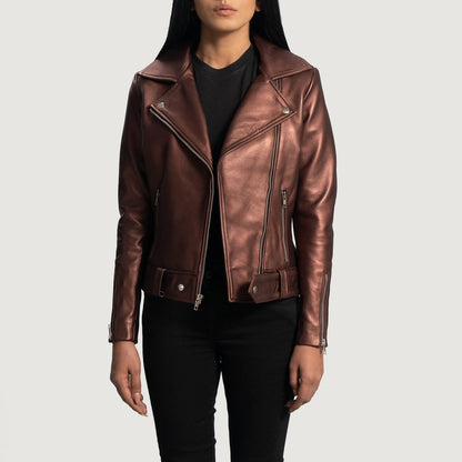 Rumy Maroon Leather Biker Jacket - Fierce Fusion
