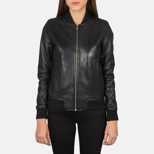 Bliss Black Leather Bomber Jacket - Fierce Fusion