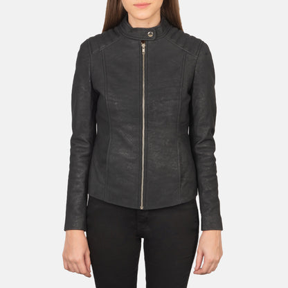 Kelsee Distressed Black Leather Biker Jacket - Fierce Fusion
