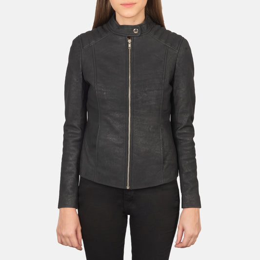 Kelsee Distressed Black Leather Biker Jacket - Fierce Fusion